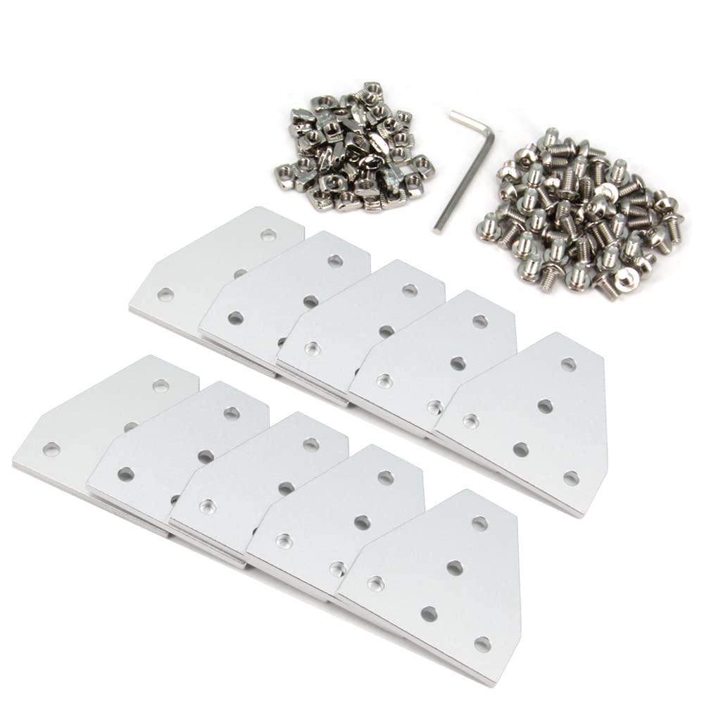 Befenybay 10PCS/Set Silver T Corner Bracket Plate with 50PCS M5x8mm Screws and 50PCS M5 T Nuts for 2020 Series Aluminum Profile 3D Printer Frame