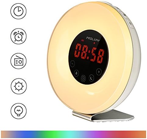 Alarm Clock with Sunrise Simulation Wake Up Light and Night Light FM Radio 6 Nature Sounds 7 Color USB Charger Touch Control for Heavy Sleepers