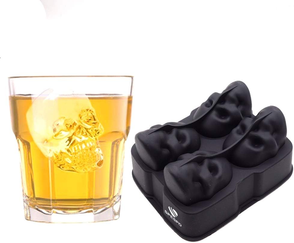 Spespo 2 Big Size 3D Silicone Tray Maker,Makes 6 X 5cm ice Gin, Whiskey, Scotch, Cocktail and Liqueur Glasses-Black (1 4 Skull Cubes(X)