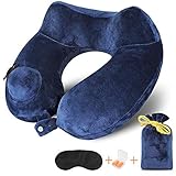 MLVOC Inflatable Travel Pillow, Auto-Inflating Neck Pillow for Airplanes, Breathable Soft Velvet Pillowcase with Earplug, Sleep Mask and Luxury Bag, Blue