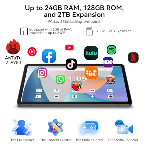 Android 16 Tablet,11 Inch Tablet with 24GB RAM 128GB ROM,Octa-Core T7250 Processor,90Hz Display,8000mAh with Fast Charging & OTG Reverse Charge,Gemini AI Tablets,Smart Camera,4-Year Warranty