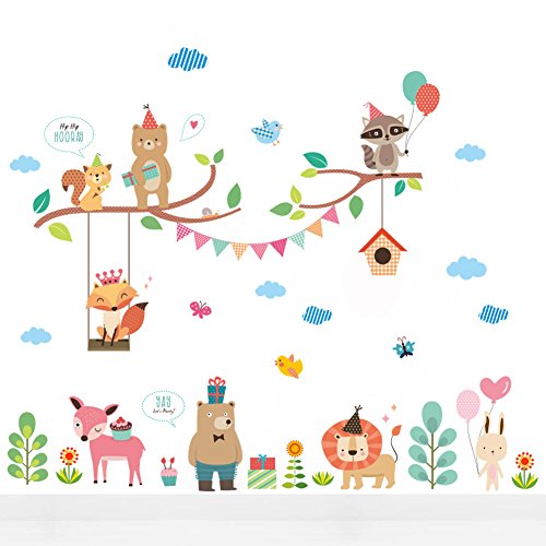 BIBITIME Animal Party Wall Decal Squirrel Bear on Tree Swing Queen Fox Balloon Raccoon Flag Branches Birdcage Butterfly Plant Flower Cake Deer Gifts Lion Heart Rabbit Vinyl Sticker for Nursery Bedroom