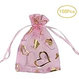 SumDirect 100Pcs 3.5x4.7 inches Sheer Drawstring Heart Organza Jewelry Pouches Wedding Party Christmas Favor Gift Bags (Pink)