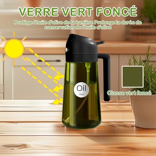 Spruzzino Olio in Vetro Luce Blocco Scuro Verde per Friggitrice Aria 2 in 1, 470 ml Dosatore d'Oliva Bottiglia e Oliera Spray da Cucina, Nebulizzatore per Alimenti (Nero)