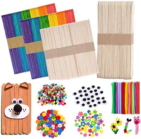Jatidne 200 Pieces Wooden Craft Sticks Multi Colored Popsicle Sticks with Pipe Cleaners, Wiggle Eyes, Pom Poms and Other Decorations DIY Craft Project Creative Designs