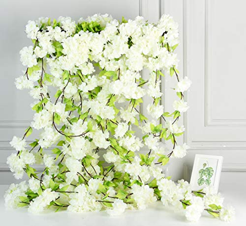 AlphaAcc Artificial White Silk Cherry Blossom Flower Vine Hanging Garland Home Wedding Party Decor, Pack of 5