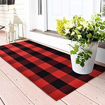 Area Rug Classic Plaid Runner Rugs Hand Woven Stain Resistant Collection Area Rug Indoor Outdoor Floor Mat for Kitchen Entryway Laundry Bathroom Living Room Carpet (Red and Black, 23.6 × 51.2 Inches)