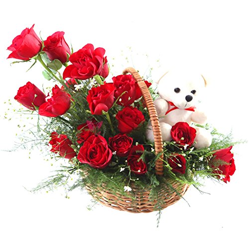 FloraZone (Magical Love) 25 Fresh Red Roses Basket Arrangement with Soft Toy - Perfect Gift for Birthday, Anniversary, Special Occasions