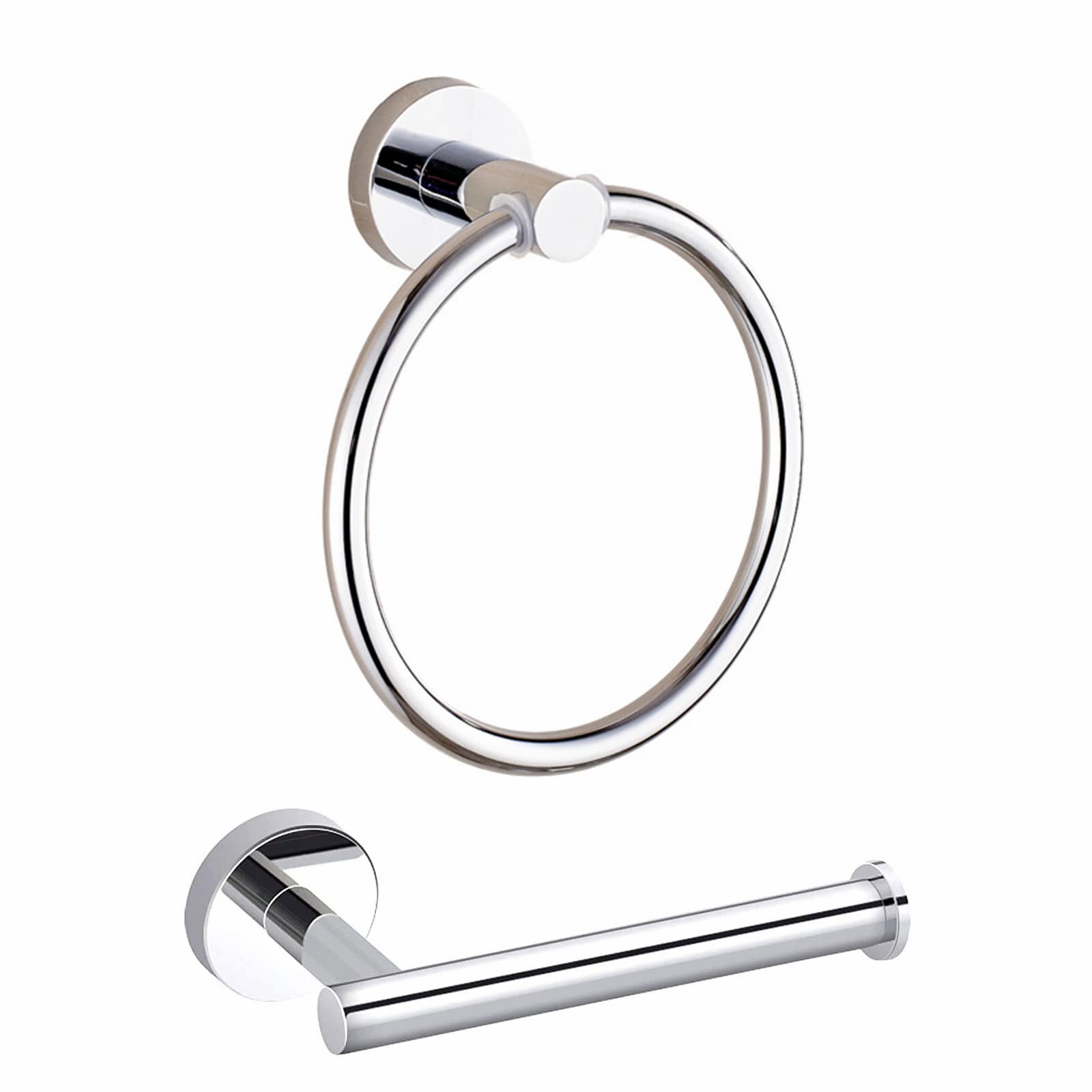 Toilet Roll Holders and Towel Ring Wall Mounted, AYIYUN Chrome Bathroom Accessories Toilet Paper Holder, Silver Stainless Steel Bath Towel Ring Bar Hardware Kit (2 Pieces)
