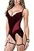 Avidqueen Women's Sexy Lingerie One Piece Bodysuit Lace Teddy with Garter Belts (Tag M=US S, Wine red)