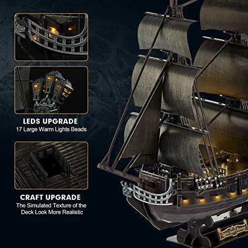 CubicFun 3D Puzzle for Adults Moveable LED Pirate Ship Puzzles with Detailed Interior, Large Queen Anne\'s Revenge Sailboat Desk Model Kits, Difficult Puzzles with Lights Watercraft Gifts for Men Women
