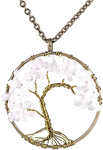 Tree of Life Pendant Necklace Chakra Gemstone Handmade Wire Wrap Charms with 30 Inch Chain for Women Girls Teens(Rose Quartz)