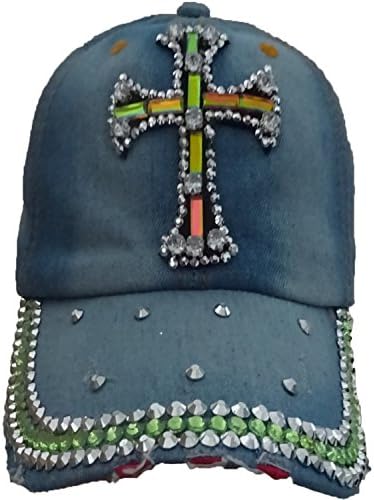 YEYON CrystaL Rhinestone Cross Style Adjustable Cotton Baseball Cap Hat 3 Colors (Light Blue)