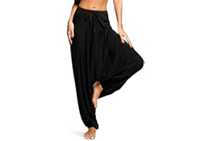 Burband Womens Solid Color Drop Crotch Harem Pants Drawstring Loose Fit Aladdin Hippie Palazzo Lounge Elephant Boho Pants
