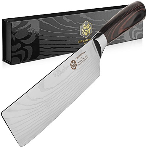 Kessaku Cleaver Butcher Nakiri Knife - Samurai Series - Japanese Etched High Carbon Steel, 7in