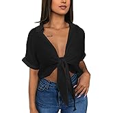 GOBLES Womens Summer Short Sleeve Shirts V Neck Tie Knot Batwing Blouses Tops