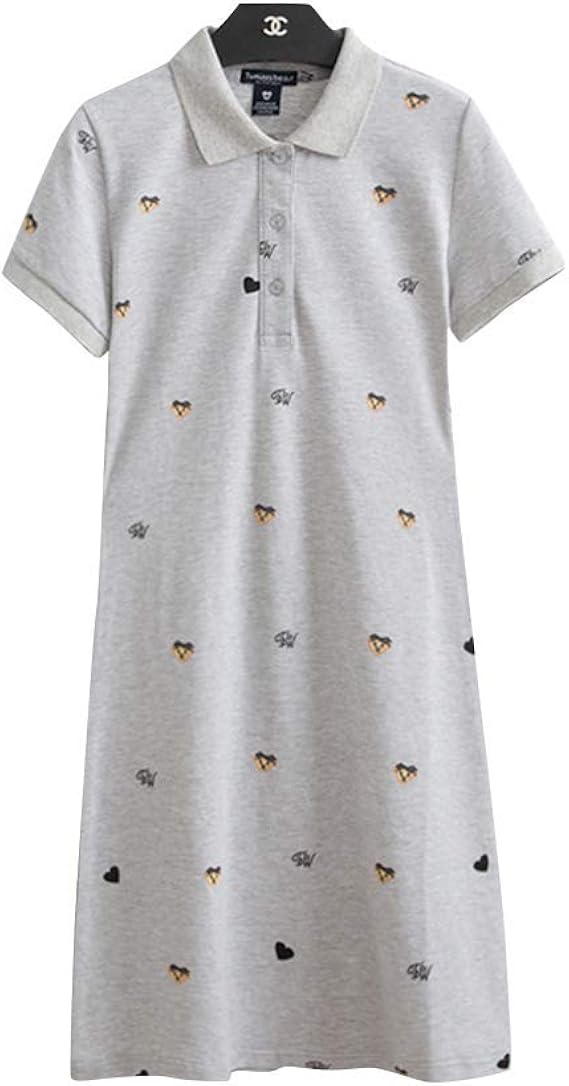 Amazon Asherangel ワンピース ポロ レディース 半袖 熊柄 綿 3つボタン 女性用 チュニック スリム Iライン ひざ丈 可愛い 3color ポロシャツ 通販