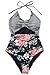 CUPSHE Women's One Piece Swimsuit Stripe Floral Halter Cutout Beach Swimwear, L