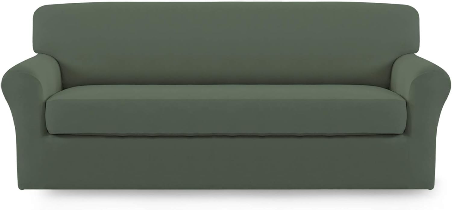 Slipcovers - Easy-Going 2 Pieces Microfiber Stretch Sofa Slipcover – Spandex Soft Fitted Sofa Couch Cover, Washable Furniture Protector with Elastic Bottom Kids,Pet (Sofa, Greyish Green)