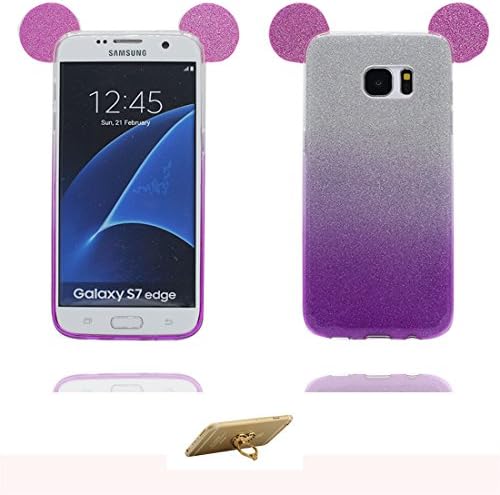 Soft TPU Silicone Back Cover for Samsung Galaxy S7 Edge - Lovely 3D Cartoon Case Bling Glitter Mouse Ear Design Skin Shell with Ring bracket Holder - Gradient púrpura