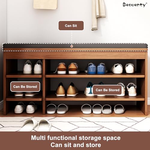 Beauenty Shoe Bench, 80/100/120cm Wooden Shoe Rack with Bench Pu Leather Cushion, Detachable Shoe Changing Bench for Entryway, Hallway, Living Room (120cm A+B)