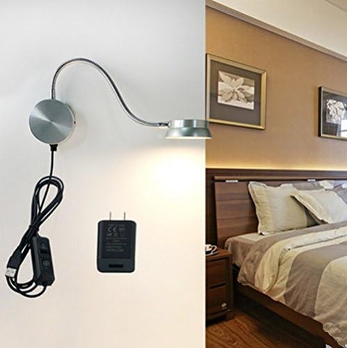 Gooseneck Reading Light/LED Wall Lamp, WMlife 6W Night Lighting Lamp with Switch for Bedroom/Living Room - Yellow/White Color Adjustable -Strong/Weak Light Adjustable (Silver-N)