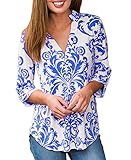 Casual Floral Print Pattern Shirts For Women Shirt 3/4 Cuffed Sleeves V Neck Blouses Ladies Blouses and Tops (Sapphire, XL)