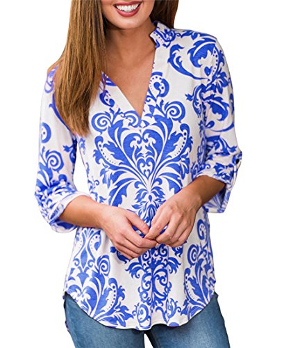 Casual Floral Print Pattern Shirts For Women Shirt 3/4 Cuffed Sleeves V Neck Blouses Ladies Blouses and Tops (Sapphire, XL)