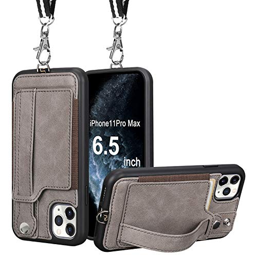 TOOVREN iPhone 11 Pro Max Case, Leather Wallet Card Holder Slot with Detachable Lanyard Anti-lost Strap, Built-in Kickstand Shockproof TPU Back Cover for Apple iPhone 11 Pro Max 6.5" Grey