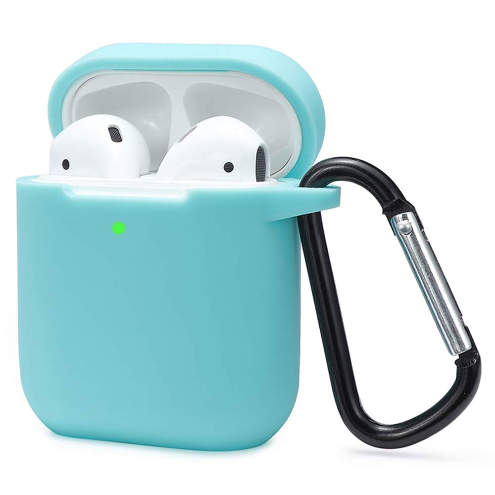 KOKOKA Case Cover Compatible with AirPods 2 & 1, Silicone Shockproof Case Cover for Airpods 2 &1 Front LED Visible Extra Protection with Carabiner, Mint Green