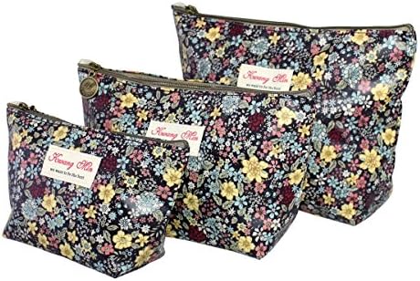 Canvas Navy Blue Colorful Floral Printing Cosmetic Toiletry Beauty Accessories Pouch, Set of 3 with Different Sizes