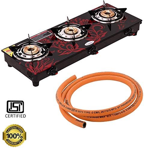 Fogger Stainless Steel 3 Burner Gas Stove with Hose Pipe Set, 2-Pieces, Black