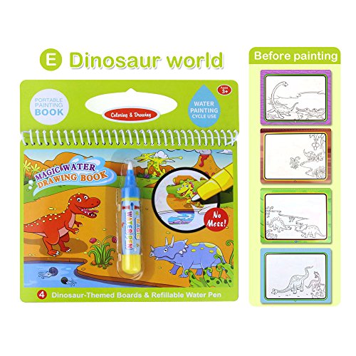 Jenilily Magic Water Drawing Book Coloring Book Doodle with Magic Pen Painting Board for Children Education Drawing Toy (E Dinosaur World)