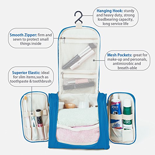 Hanging Toiletry Bag Travel Cosmetic Kit - Large Essentials Organizer - Sturdy Hook Makeup bag - Heavy Duty Waterproof for Men and Womens (Blue)