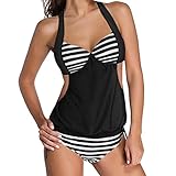 WONDER-BEAUTY Women Striped Splicing Halter Tankini Set Bathing Suits