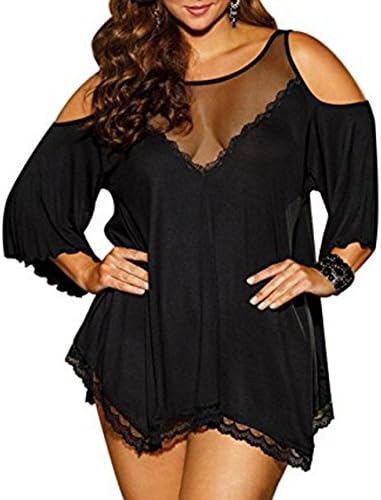 Women's Sexy Plus Size Plus Size Perspective Neck Off-shoulder Soft Intimate Lingerie Babydoll Sleepwear. (3XL, Black)