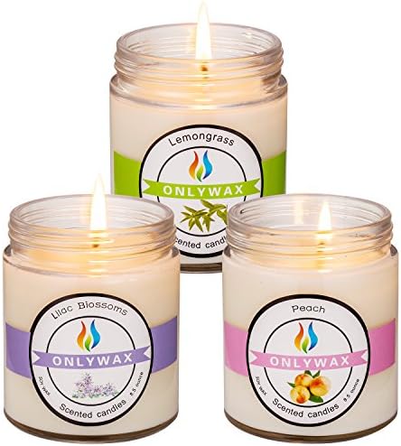 Onlywax 3 Pack All Natural Soy Wax Scented Candles And Pet Odor Exterminator Candle. Lemongrass,Peach And Lilac 8.5oz