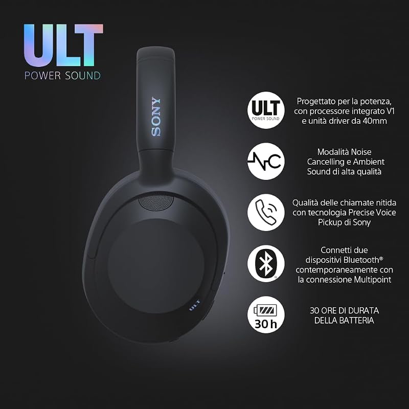 ULT WEAR – Cuffie wireless con noise cancelling, bassi profondi e potenti, stesso processore delle WH-1000XM5, chiamate nitide, batteria fino a 30 ore, compatibili con iOS e Android – Nero