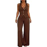 acelyn Women's Vest Sets Summer 2 Piece Outfits Halter Button Sleeveless Blazer Wide Leg Pant Suits Casual Matching Set