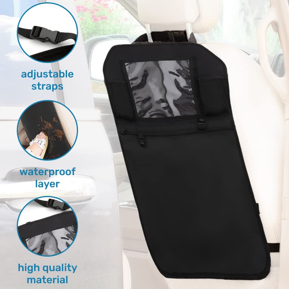 Enovoe Kick Mats Back Seat Protectors for Vehicles - 2-Pack Car Seat Protector with ZIpper Pocket Storage Organizer and Tablet Holder - Waterproof Back Seat Cover for Kids - 18 x 24-Inch (Black)