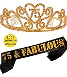 75th Birthday Tiara and Sash, Happy 75th Birthday Party Supplies, 75 & Fabulous Black Glitter Satin Sash and Crystal Tiara Birthday Crown for 75th Birthday Party Supplies and Decorations...