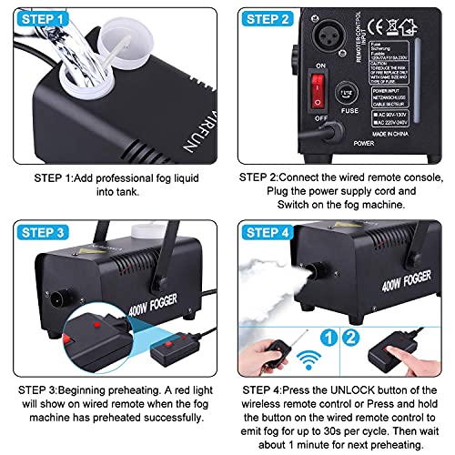 VIRFUN Fog Machine, Smoke Machine with Wireless&Wired Remote Control