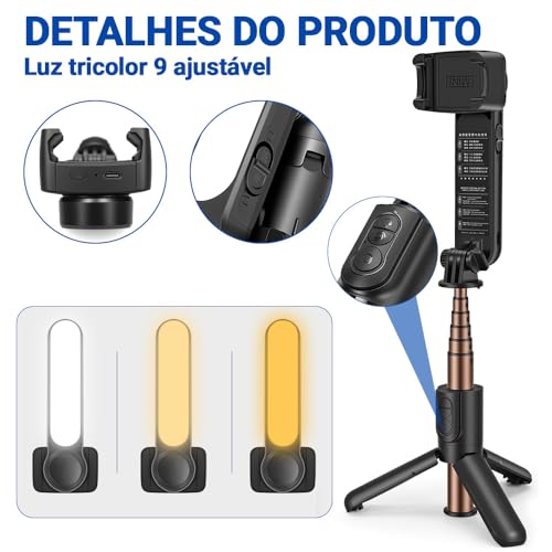 Estabilizador Celular, Estabilizador Portátil de Eixos para Celular, Eixos com Luz de Preenchimento, Tripé, Controle Remoto, Rotação 360° Automática