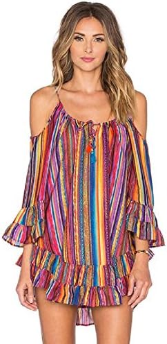 KPshop ☆Women Dress, Women's Summer Rainbow Print Fringed Beach Loose Chiffon Strap Dress (L)