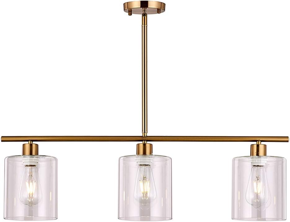 XILICON Kitchen Island Lighting Chandelier Light Fixture for Dining Room Hanging Brushed Brass 3 Light Pendant Light Contemporary with Glass Shade for Living Dining Room Bedroom - - 