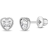 925 Sterling Silver Heart Shaped Cubic Zirconia Safety Screw Back Earrings For Girls - Small Heart Shaped CZ Young Girls Earrings - Toddlers Heart Shaped Earrings