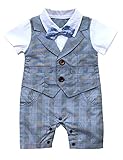 HeMa Island HMD Baby Boy Gentleman White Shirt Bowtie Tuxedo Onesie Jumpsuit Overall Romper with Blue Waistcoat (Grey, 12-18 M)
