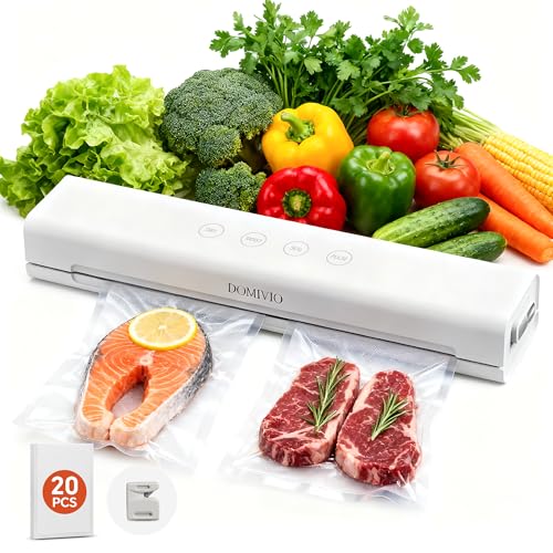 DOVIMIO Vacuum Sealer Machine for Food, 4-in-1 Functions with 20 Vacuum Bags (20x30cm) - Dry & Wet Modes, Quick Sealing for Freshness & Storage, Compact Design for Home Kitchen Use （White）