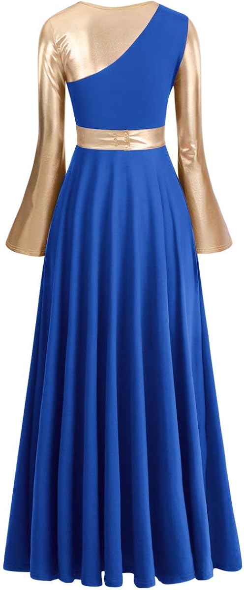 Women Metallic Bi Color Liturgical Praise Dance Dress Bell Long Sleeve Lyrical Dancewear Church Robe Worship Costume: Clothing