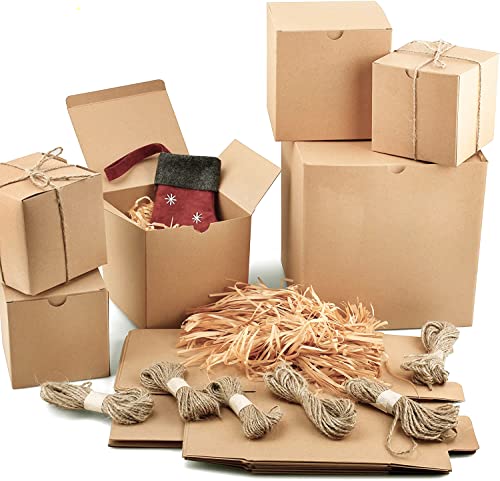 JOYIN 30 Pcs Assorted Gift Boxes with Raffia Paper Filler and Grass Twines, Christmas Brown Kraft Paper Gift Boxes for Valentine's Day, Holiday, Birthday, Wedding and Gift Wrapping (3 Sizes)